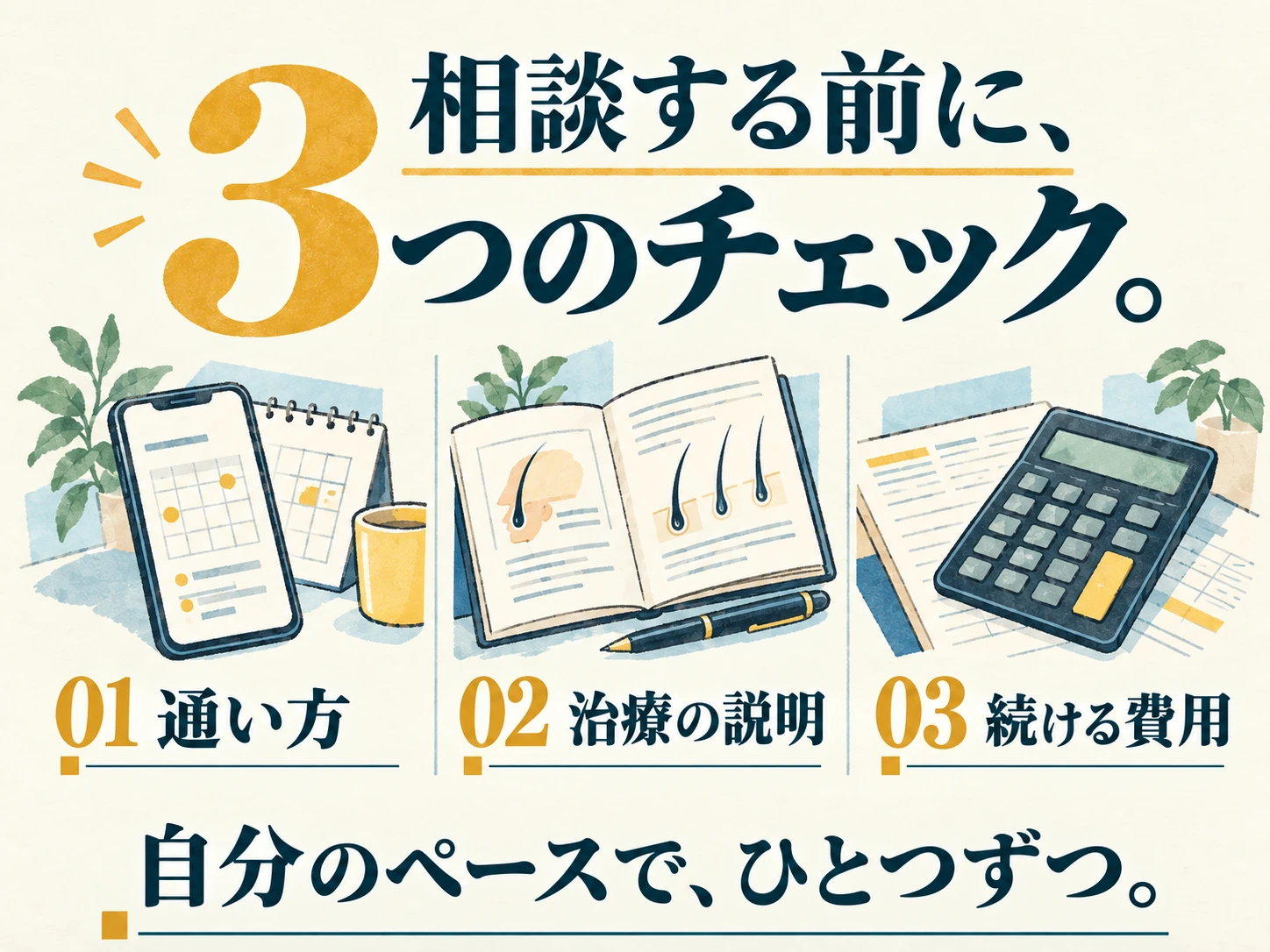 相談する前に、 3つのチェック。 01 通い方 02 治療の説明 03 続ける費用 自分のペースで、ひとつずつ。