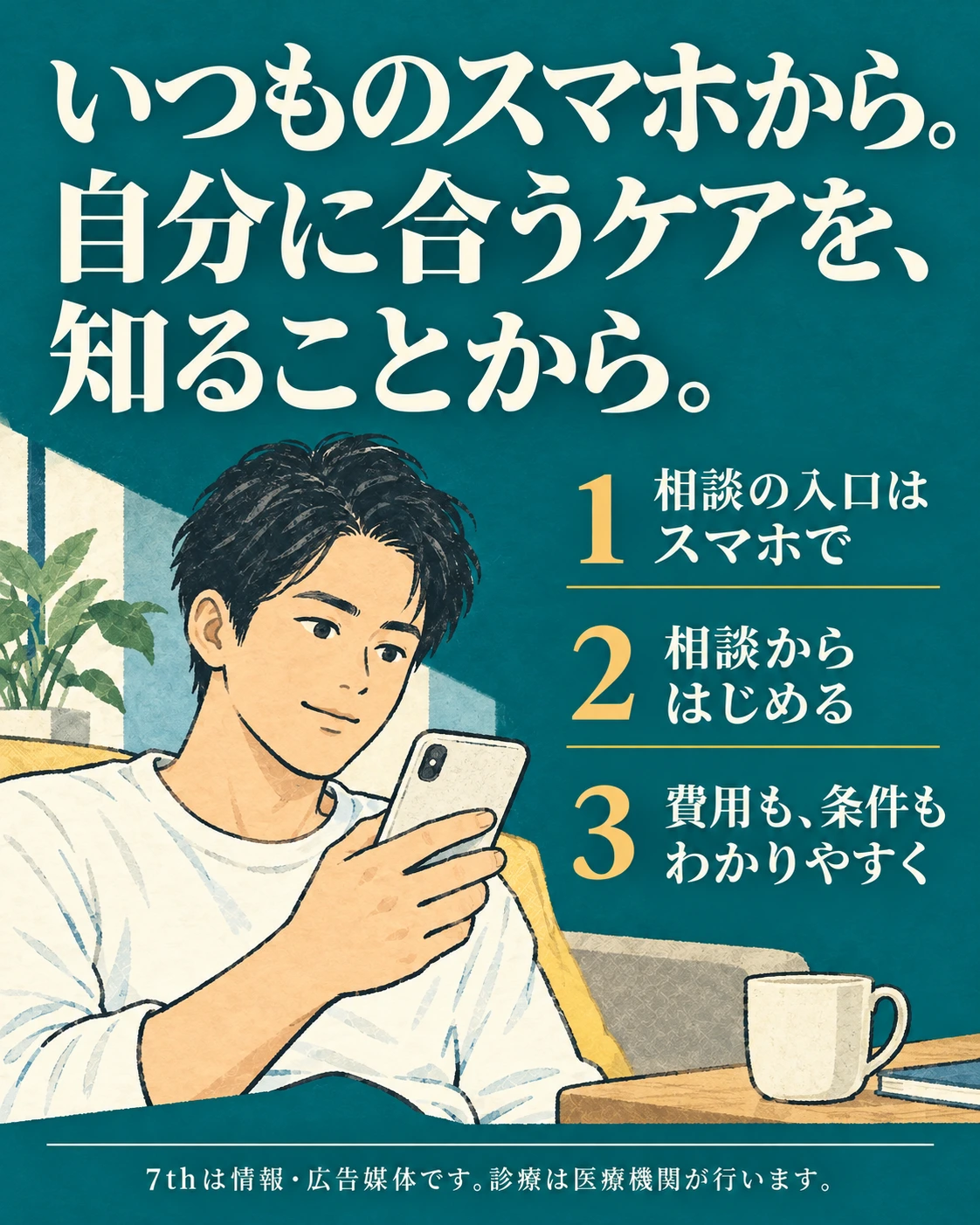 いつものスマホから。 自分に合うケアを、 知ることから。 相談の入口は スマホで 相談から はじめる 費用も、条件も わかりやすく 7thは情報・広告媒体です。診療は医療機関が行います。