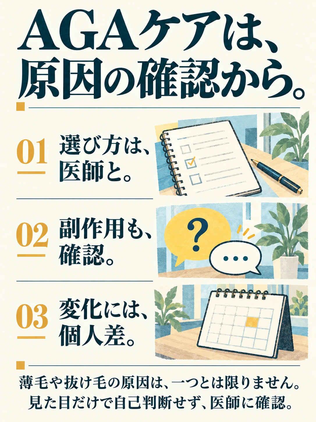 AGAケアは、 原因の確認から。 01 選び方は、医師と。 02 副作用も、確認。 03 変化には、個人差。 薄毛や抜け毛の原因は、一つとは限りません。 見た目だけで自己判断せず、医師に確認。