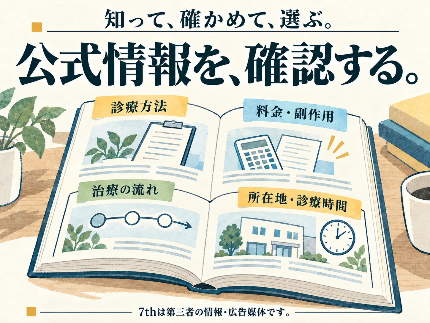 知って、確かめて、選ぶ。 公式情報を、確認する。 診療方法 料金・副作用 治療の流れ 所在地・診療時間 7thは第三者の情報・広告媒体です。