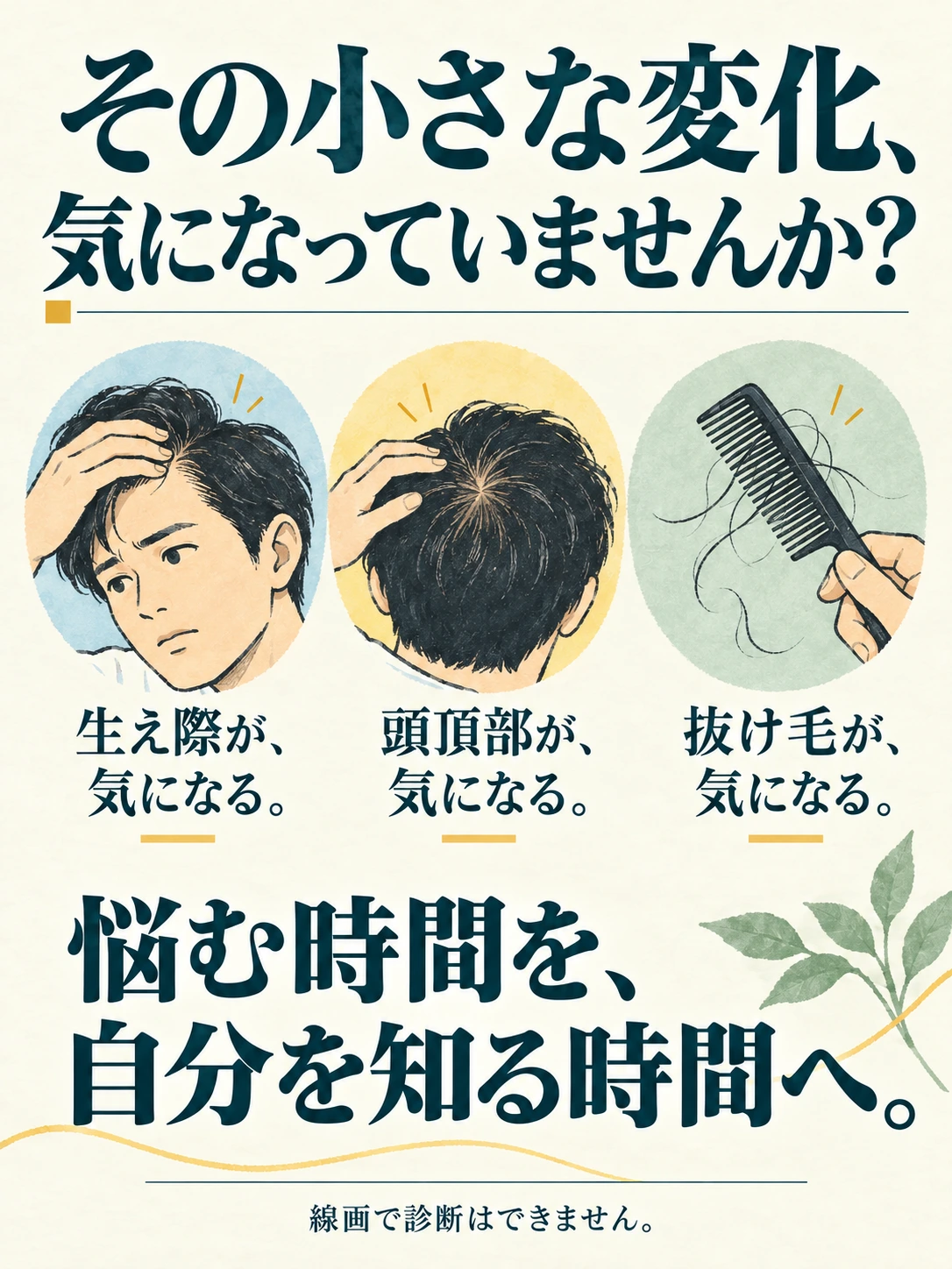 その小さな変化、 気になっていませんか？ 生え際が、気になる。 頭頂部が、気になる。 抜け毛が、気になる。 悩む時間を、 自分を知る時間へ。 線画で診断はできません。